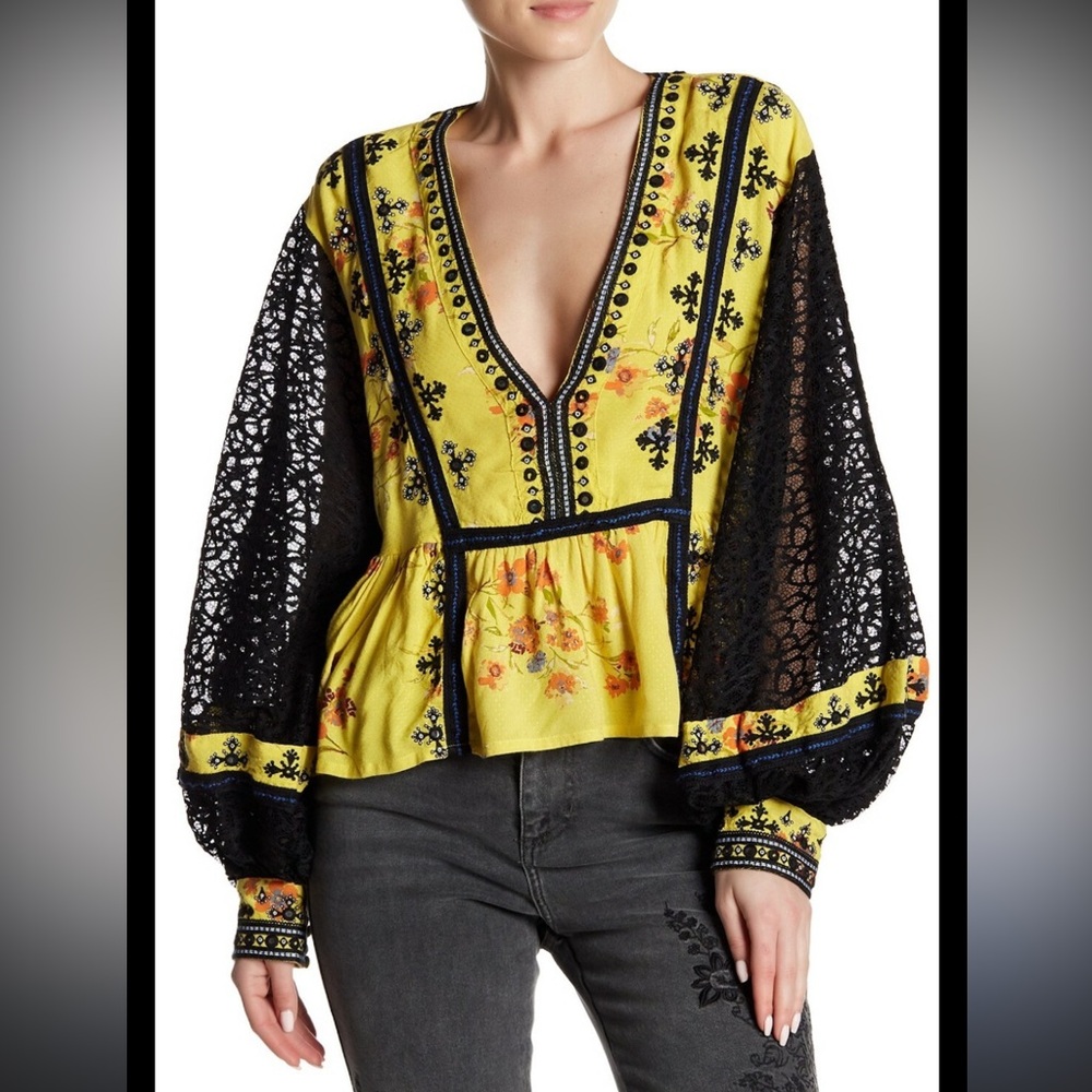 Free People Yellow and Black Embroidered Blouse